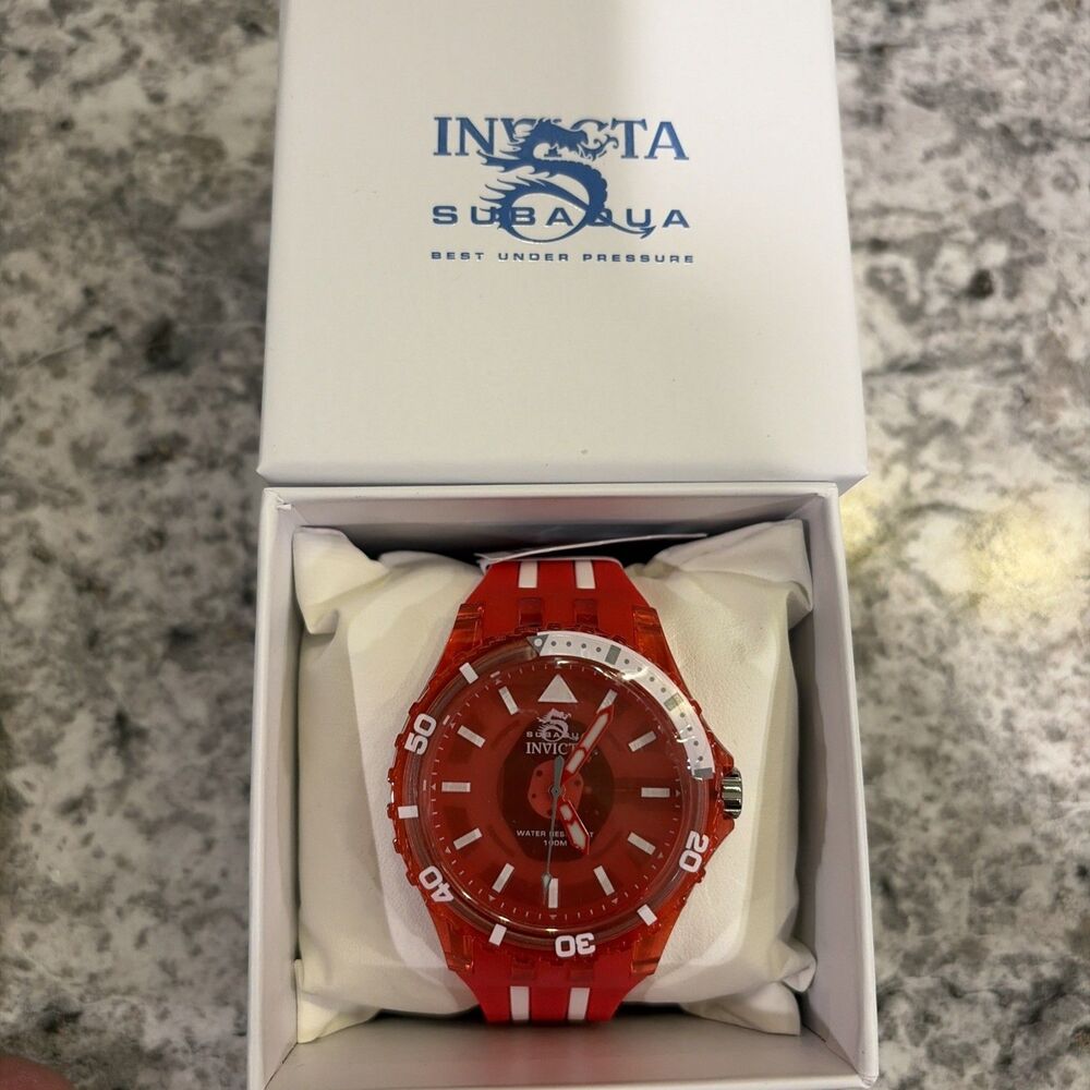 Invicta Men's Watch Subaqua Quartz Red/ White Silicone Band 69450